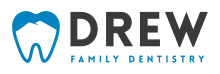 The Drew Family Dentistry logo, featuring a stylized blue tooth outline with a white mountain peak design inside. To the right of the logo, the words 'DREW' appear in bold, black uppercase letters, with 'FAMILY DENTISTRY' written underneath in smaller, blue uppercase letters.