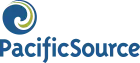 Logo of PacificSource, featuring a stylized circular design with a blue and green swirl on the left side and the text 'PacificSource' in blue on the right side.